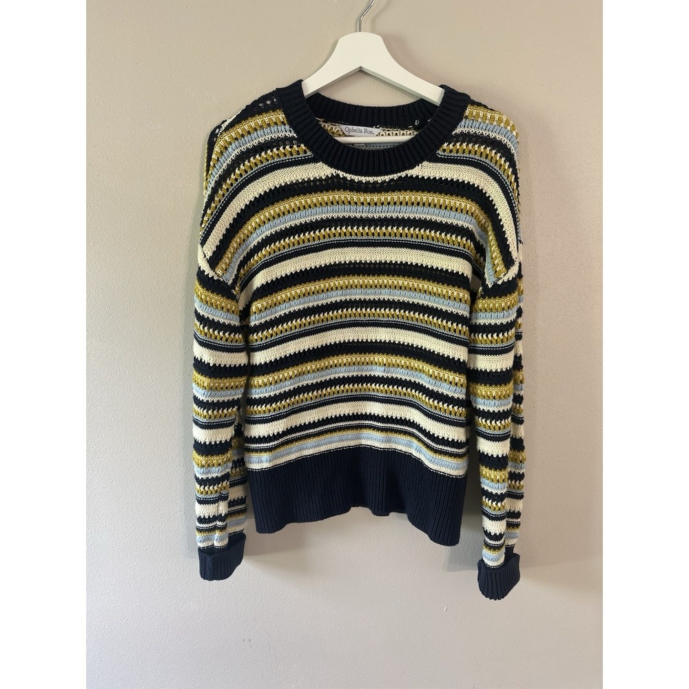 Women's Navy Mustard Striped Chunky Knit Crewneck Sweater Cozy Relaxed Fit Sz M